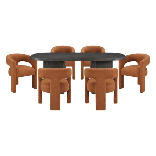 English Elm 7Pc Modern Ebony Oak Dining Set with Six Boucle Upholstered Armchairs for Loft Living B011S02674