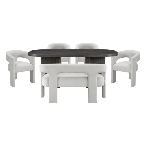 English Elm 6-Pieces Contemporary Dining Set Oak Veneer Table Boucle Armchairs Bench Seats Six B011S02677