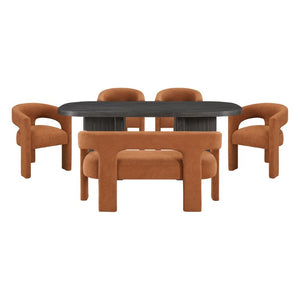 English Elm Stunning Ebony Dining Set with Boucle Armchairs for Modern Open Plan Rooms 6-Piece with Bench and 4 Chairs B011S02678