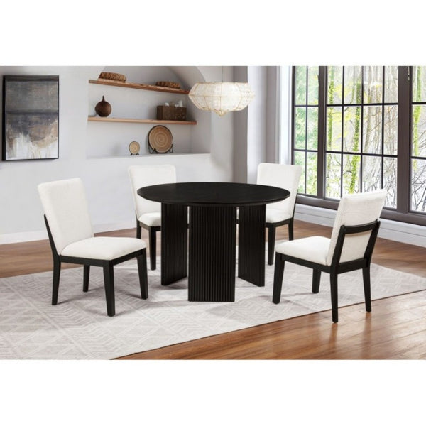 English Elm 5-Piece Japandi Round Dining Set Rubberwood Table with Four Upholstered Curved Chairs B011S02702