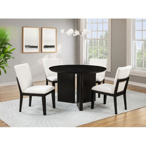 English Elm Contemporary Japandi Round Rubberwood Dining Set with Four Upholstered Curved Chairs B011S02704