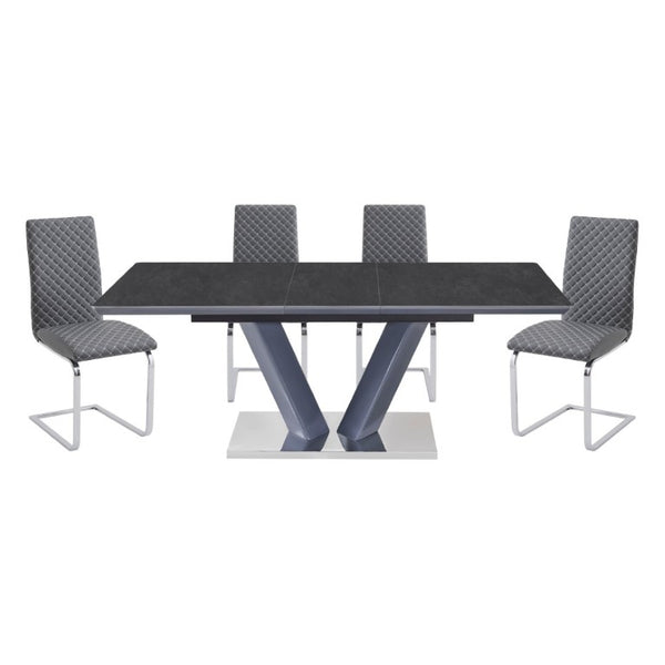 English Elm Modern Sintered Stone Extendable Dining Set 5 Piece Chrome V Base with Gray Chairs B011S02707