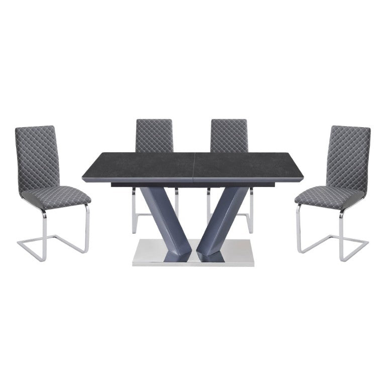 English Elm Modern Sintered Stone Extendable Dining Set 5 Piece Chrome V Base with Gray Chairs B011S02707