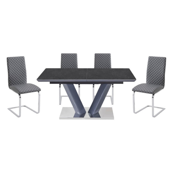 English Elm Modern Sintered Stone Extendable Dining Set 5 Piece Chrome V Base with Gray Chairs B011S02707
