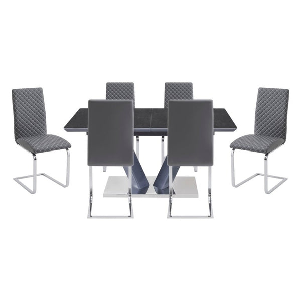 English Elm Modern Sintered Stone Extendable Dining Set Seven Piece Chrome V-Base with Faux Leather Chairs B011S02708