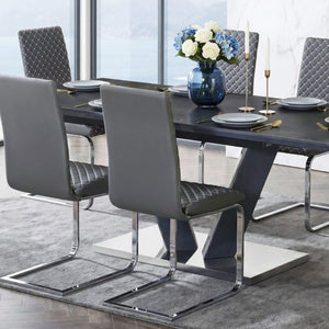 English Elm Modern Sintered Stone Extendable Dining Set Seven Piece Chrome V-Base with Faux Leather Chairs B011S02708