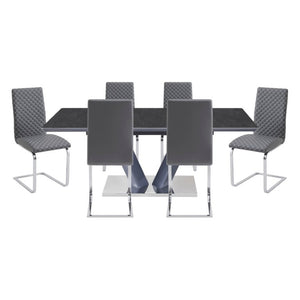 English Elm Modern Sintered Stone Extendable Dining Set Seven Piece Chrome V-Base with Faux Leather Chairs B011S02708