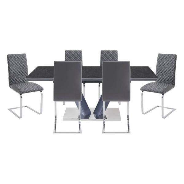 English Elm Modern Sintered Stone Extendable Dining Set Seven Piece Chrome V-Base with Faux Leather Chairs B011S02708