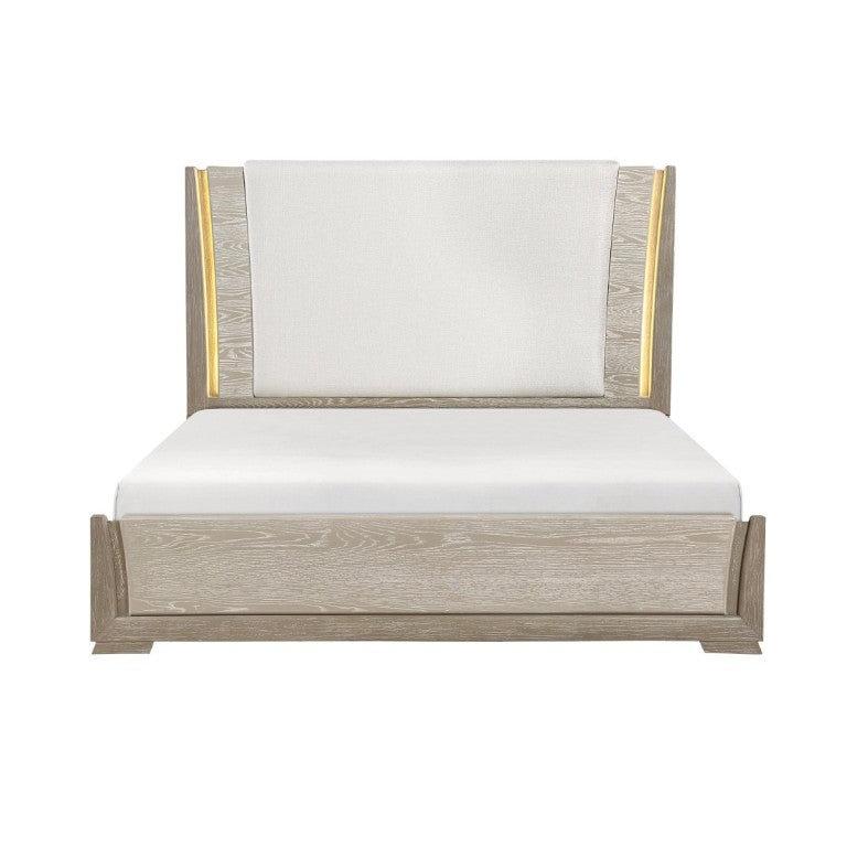 English Elm Luxurious Queen Platform Bed Oak Veneer LED Headboard Chenille Upholstered Modern Bedroom B011S02711