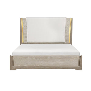 English Elm Luxurious Queen Platform Bed Oak Veneer LED Headboard Chenille Upholstered Modern Bedroom B011S02711