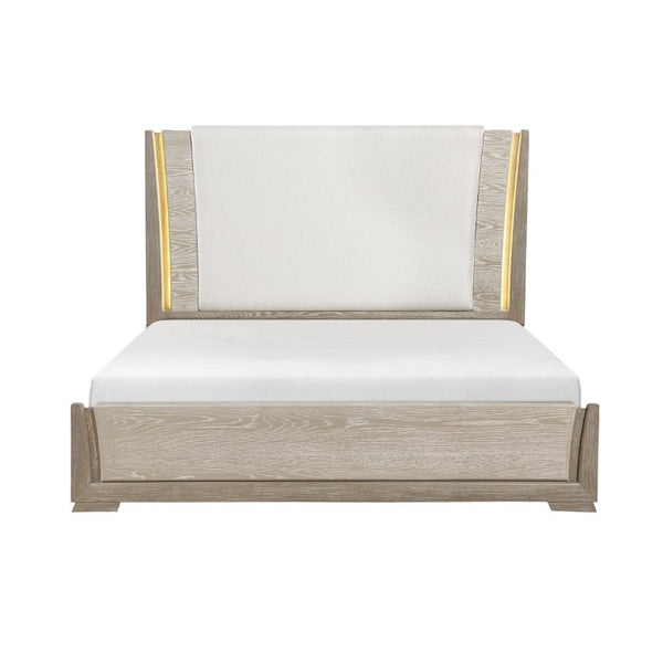 English Elm Luxurious Queen Platform Bed Oak Veneer LED Headboard Chenille Upholstered Modern Bedroom B011S02711