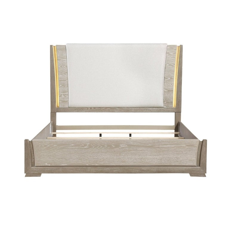 English Elm Luxurious Queen Platform Bed Oak Veneer LED Headboard Chenille Upholstered Modern Bedroom B011S02711