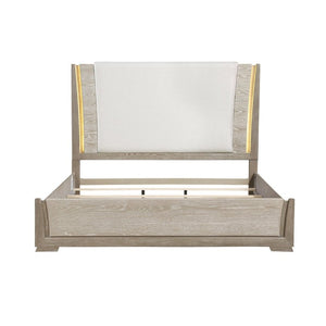 English Elm Luxurious Queen Platform Bed Oak Veneer LED Headboard Chenille Upholstered Modern Bedroom B011S02711