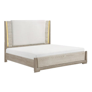 English Elm Luxurious Queen Platform Bed Oak Veneer LED Headboard Chenille Upholstered Modern Bedroom B011S02711