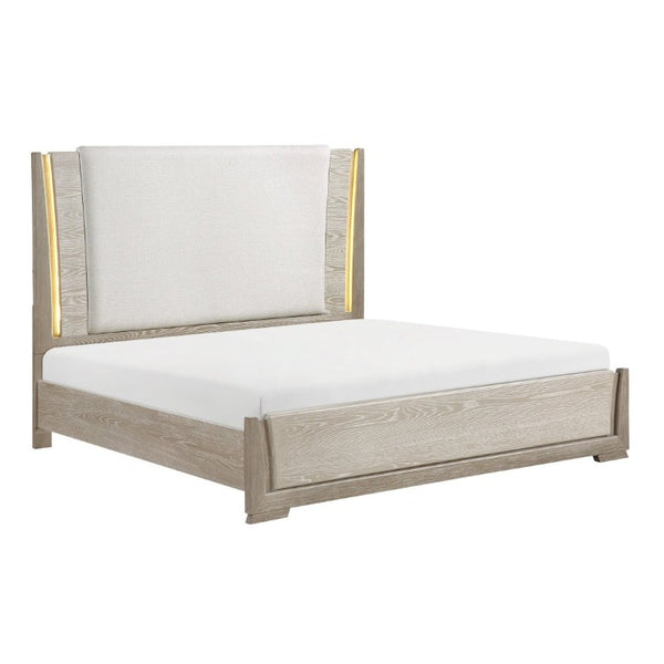 English Elm Luxurious Queen Platform Bed Oak Veneer LED Headboard Chenille Upholstered Modern Bedroom B011S02711