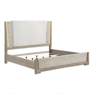 English Elm Luxurious Queen Platform Bed Oak Veneer LED Headboard Chenille Upholstered Modern Bedroom B011S02711