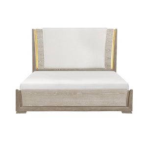 English Elm Luxurious California King Panel Bed Oak Veneer LED Headboard Chenille Upholstered Frame B011S02712