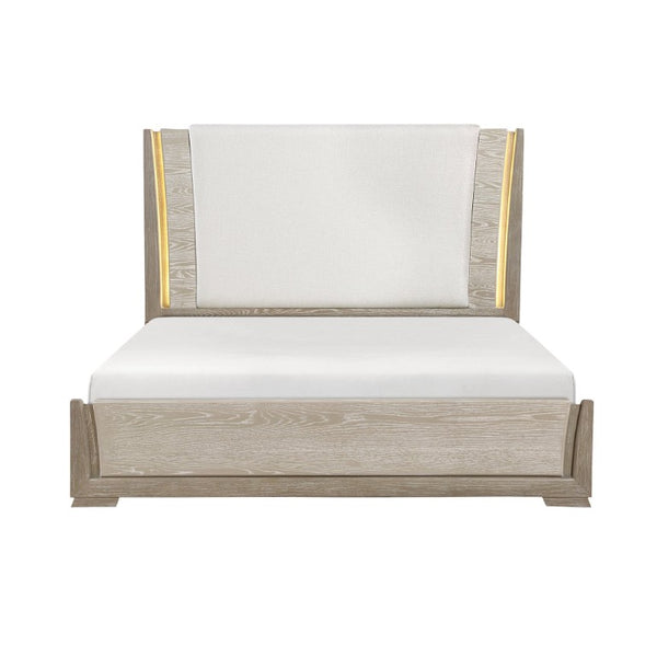 English Elm Luxurious California King Panel Bed Oak Veneer LED Headboard Chenille Upholstered Frame B011S02712