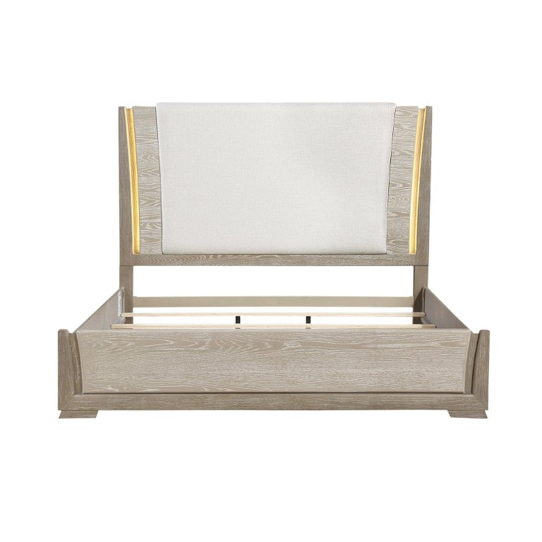 English Elm Luxurious California King Panel Bed Oak Veneer LED Headboard Chenille Upholstered Frame B011S02712