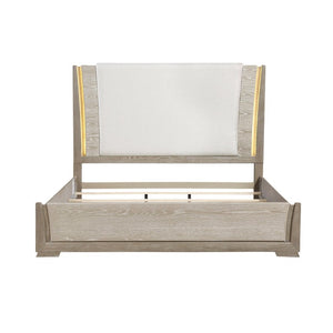 English Elm Luxurious California King Panel Bed Oak Veneer LED Headboard Chenille Upholstered Frame B011S02712