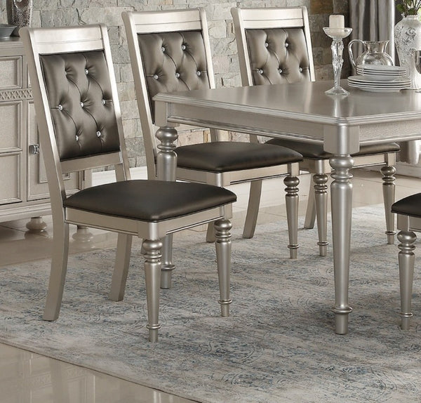 English Elm Formal Seven Piece Silver Dining Set with Glass Top and Tufted Upholstered Chairs B011S02714
