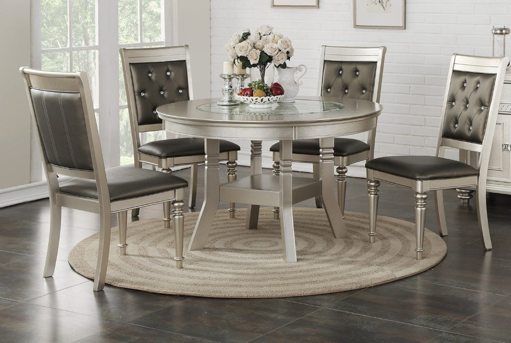 English Elm Classic Round Glass Top Dining Set Seats Four with Tufted Silver Upholstered Chairs B011S02715