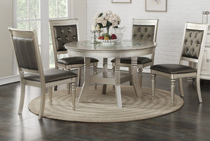 English Elm Classic Round Glass Top Dining Set Seats Four with Tufted Silver Upholstered Chairs B011S02715