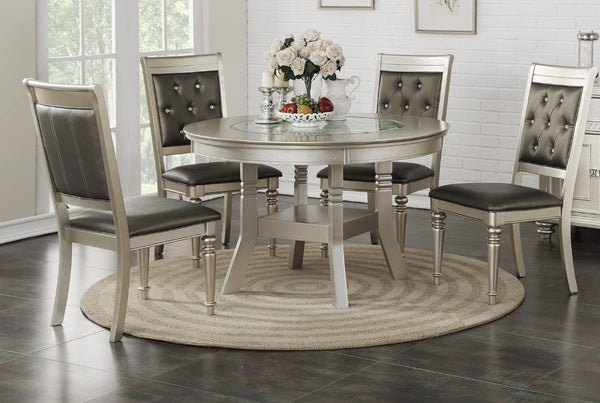 English Elm Classic Round Glass Top Dining Set Seats Four with Tufted Silver Upholstered Chairs B011S02715