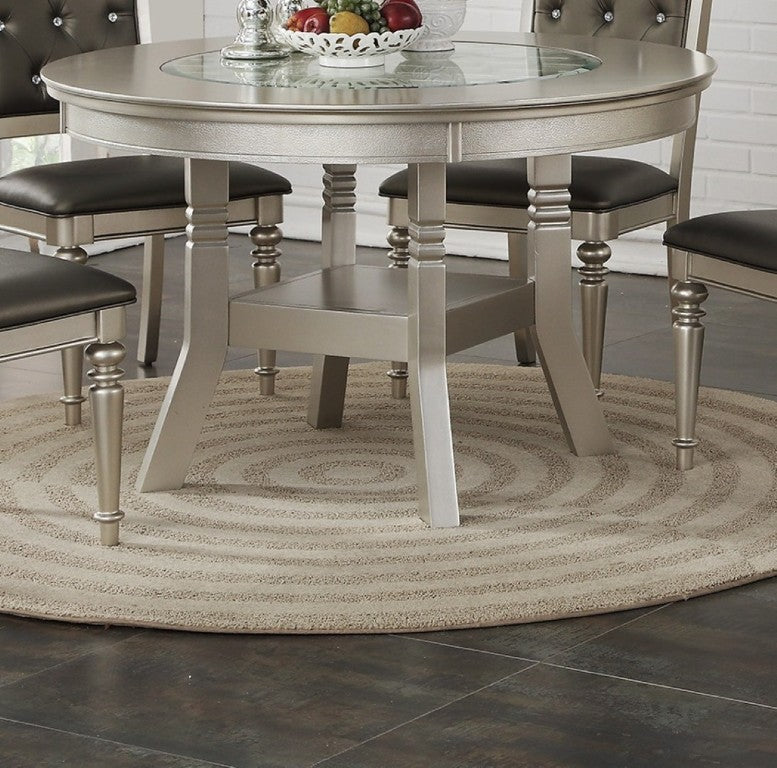 English Elm Classic Round Glass Top Dining Set Seats Four with Tufted Silver Upholstered Chairs B011S02715