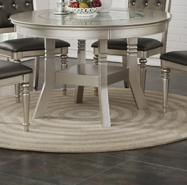 English Elm Classic Round Glass Top Dining Set Seats Four with Tufted Silver Upholstered Chairs B011S02715