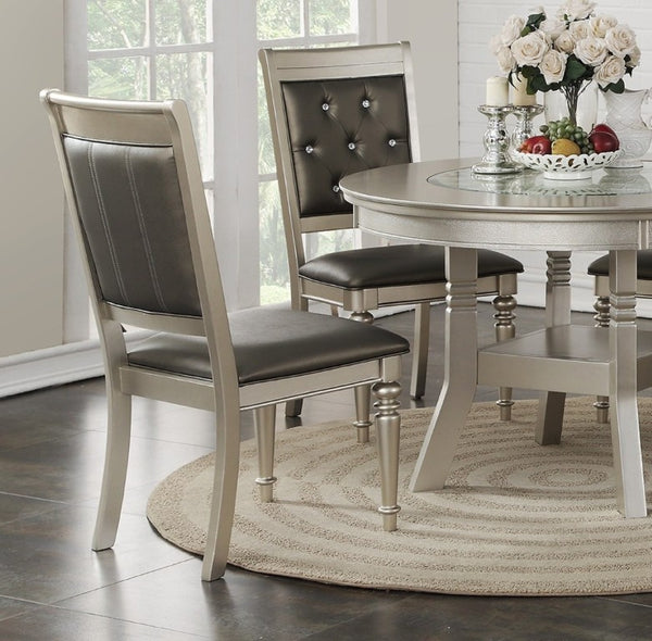 English Elm Classic Round Glass Top Dining Set Seats Four with Tufted Silver Upholstered Chairs B011S02715