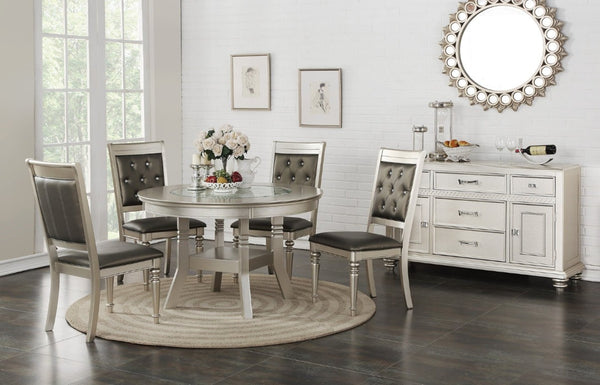English Elm Classic Round Glass Top Dining Set Seats Four with Tufted Silver Upholstered Chairs B011S02715