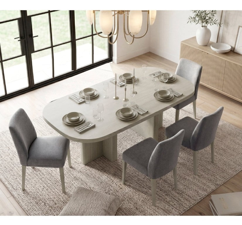 English Elm Contemporary Oval Dining Set Oak Veneer Table with Boucle High Back Chairs for Six B011S02716