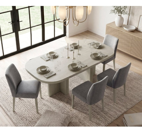 English Elm Contemporary Oval Dining Set Oak Veneer Table with Boucle High Back Chairs for Six B011S02716
