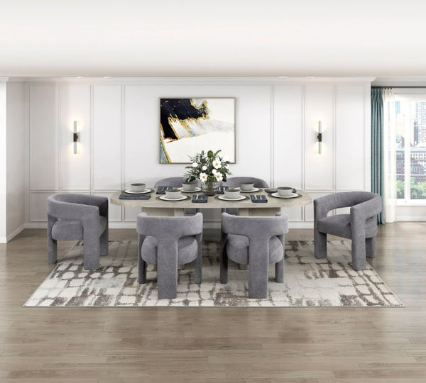 English Elm 7Pc Oval Oak Veneer Dining Set with Six Boucle Barrel Armchairs for Modern Interiors B011S02719