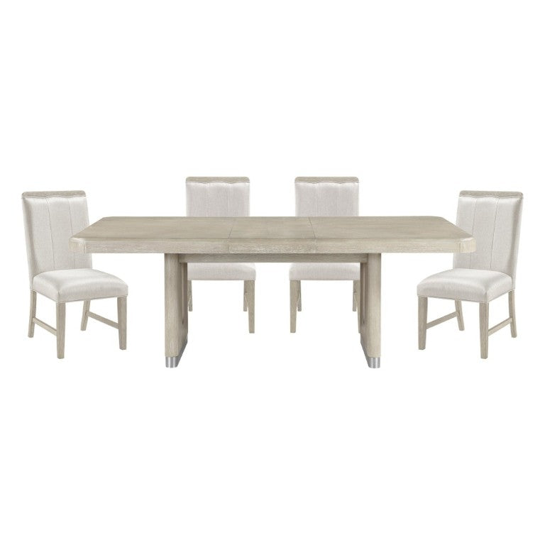 English Elm Modern Oak Veneer Expandable Dining Set with Upholstered Chairs and Metallic Pedestal B011S02724