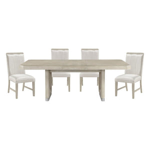 English Elm Modern Oak Veneer Expandable Dining Set with Upholstered Chairs and Metallic Pedestal B011S02724
