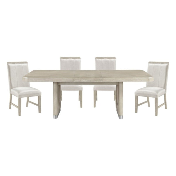 English Elm Modern Oak Veneer Expandable Dining Set with Upholstered Chairs and Metallic Pedestal B011S02724