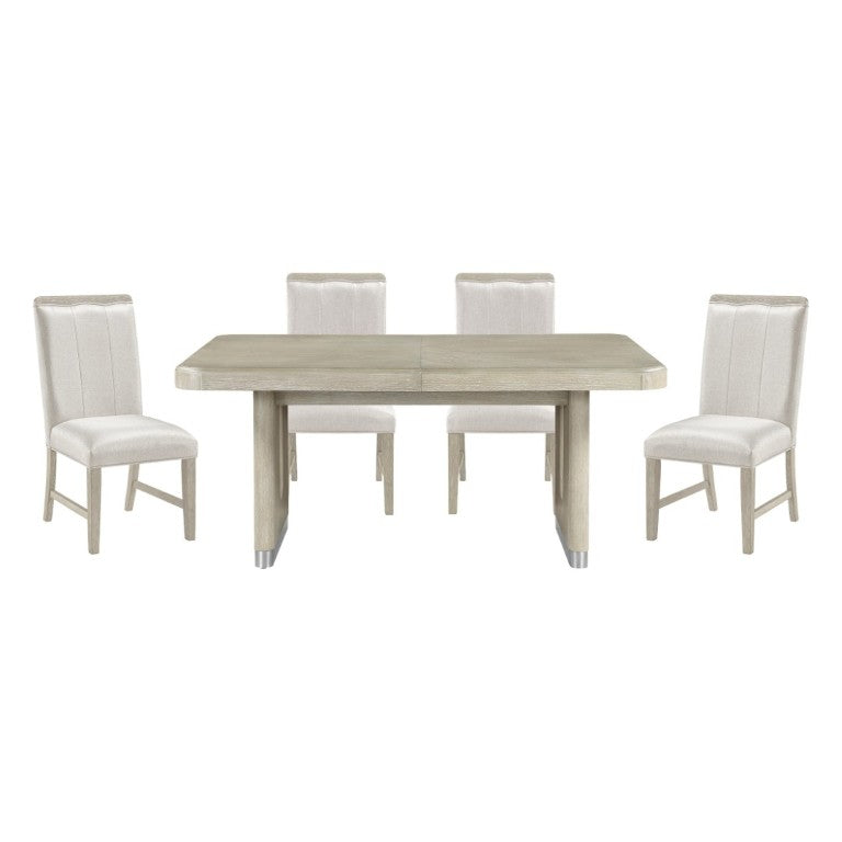 English Elm Modern Oak Veneer Expandable Dining Set with Upholstered Chairs and Metallic Pedestal B011S02724