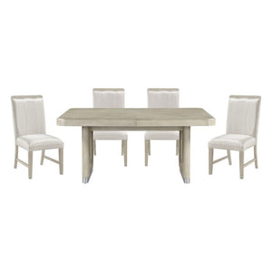 English Elm Modern Oak Veneer Expandable Dining Set with Upholstered Chairs and Metallic Pedestal B011S02724