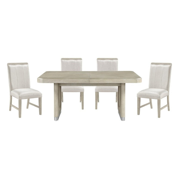 English Elm Modern Oak Veneer Expandable Dining Set with Upholstered Chairs and Metallic Pedestal B011S02724