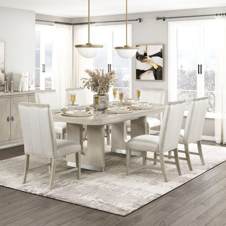 English Elm Modern Oak Veneer Expandable Dining Set Six Upholstered Chairs Pedestal Base Gray B011S02725