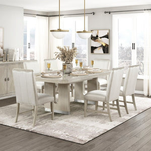 English Elm Modern Oak Veneer Expandable Dining Set Six Upholstered Chairs Pedestal Base Gray B011S02725