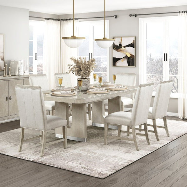 English Elm Modern Oak Veneer Expandable Dining Set Six Upholstered Chairs Pedestal Base Gray B011S02725