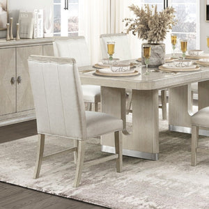 English Elm Modern Oak Veneer Expandable Dining Set Six Upholstered Chairs Pedestal Base Gray B011S02725