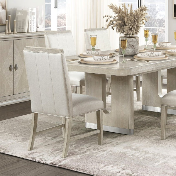English Elm Modern Oak Veneer Expandable Dining Set Six Upholstered Chairs Pedestal Base Gray B011S02725