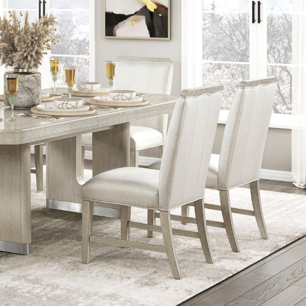English Elm Modern Oak Veneer Expandable Dining Set Six Upholstered Chairs Pedestal Base Gray B011S02725
