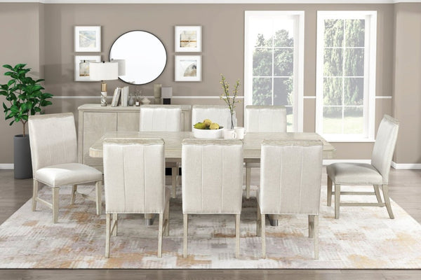 English Elm Modern Oak Veneer Expandable Dining Set with Eight Upholstered Chairs Nickel Accents B011S02726