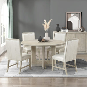 English Elm Modern Wire-Brushed Gray Round Dining Set Pedestal Table Four Upholstered Chairs B011S02728