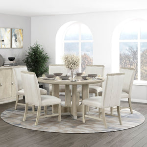 English Elm Modern Wire-Brushed Gray Round Dining Set Seats Six with Upholstered Chairs Pedestal Base B011S02729
